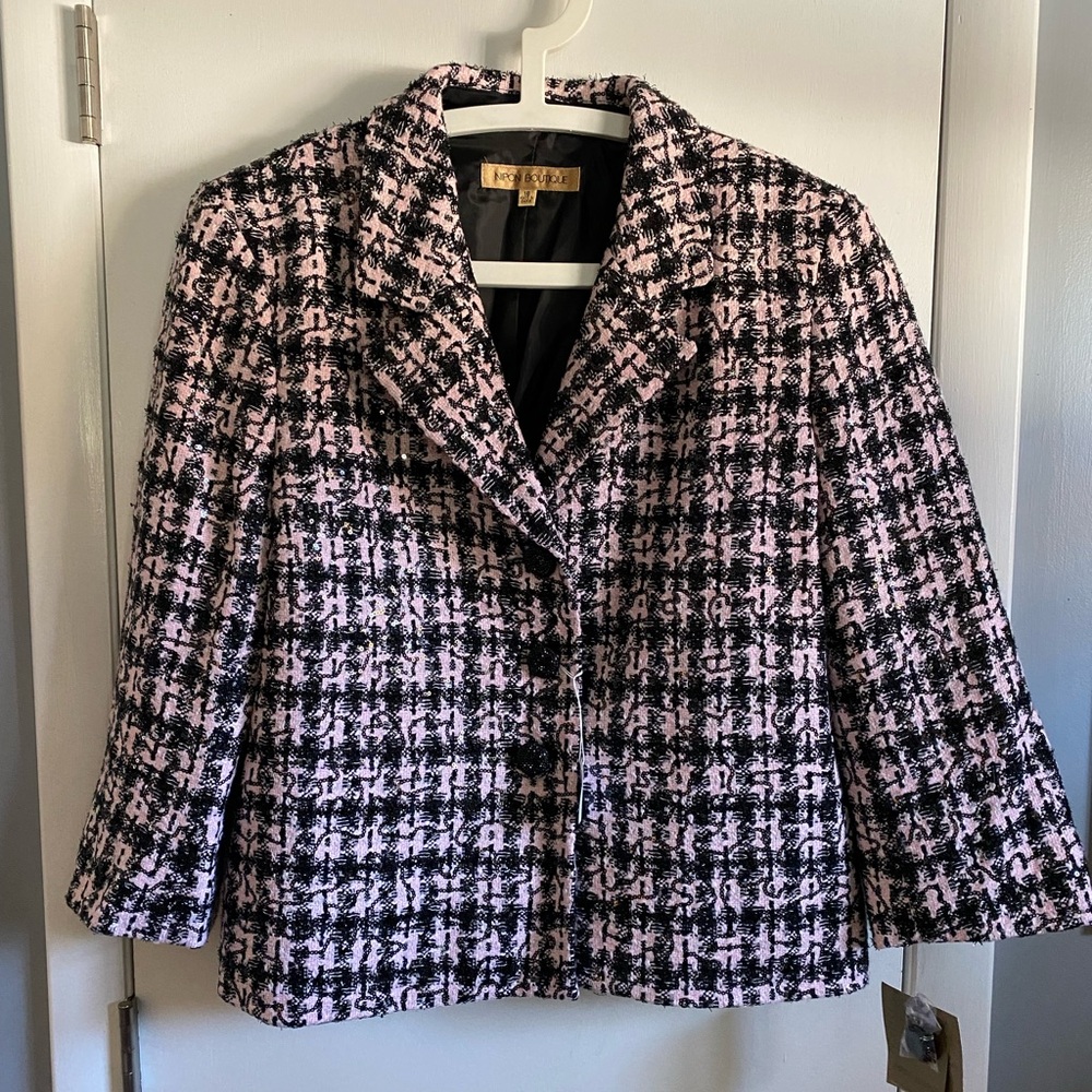 NWT Nipon Boutique Pink and Black Plaid Sequin Blazer Sz 18